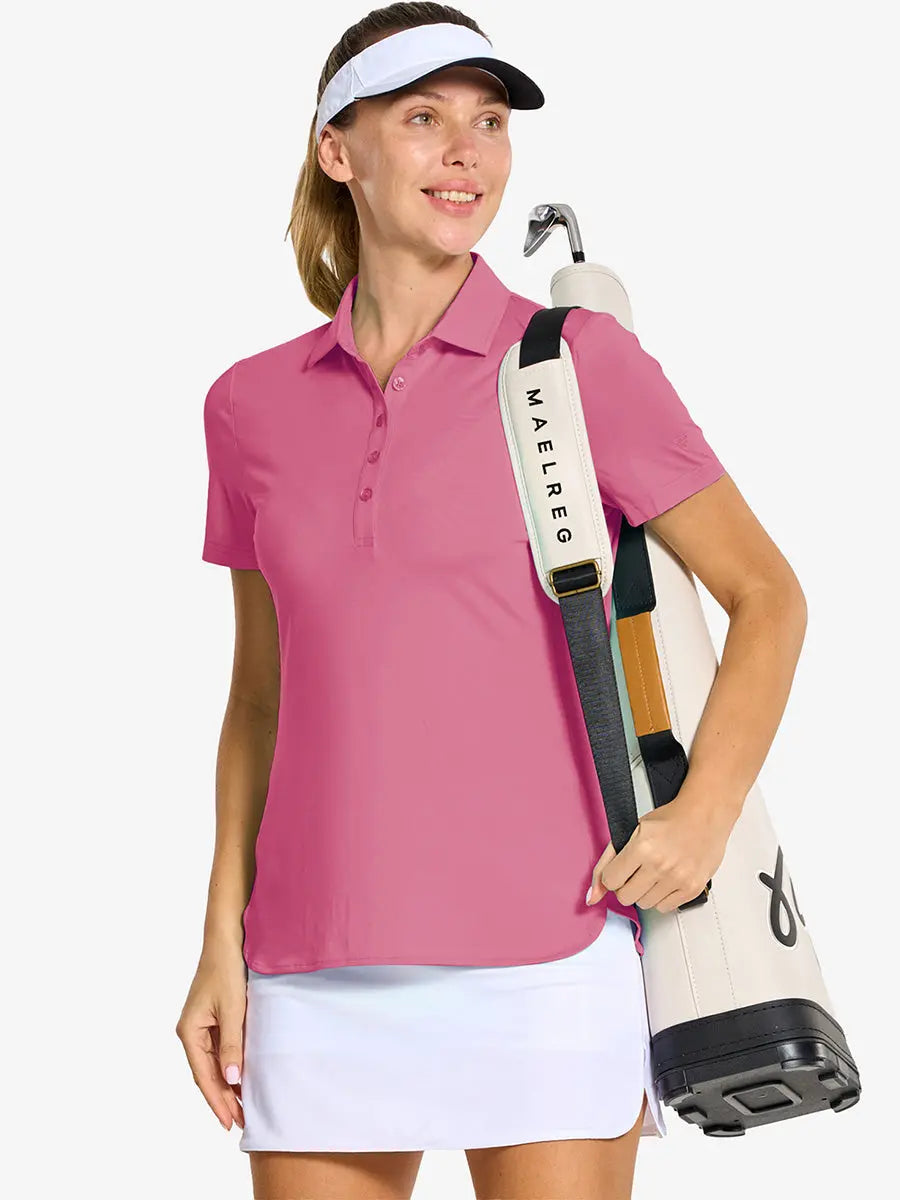 Front half-body of model in PINK LEMONADE Women's Performance Solid Polo holding golf club