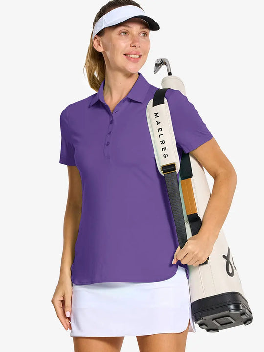 Front half-body of model in PURPLE Women's Performance Solid Polo holding golf club