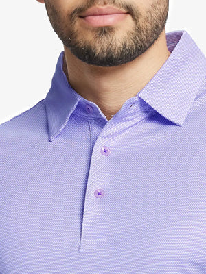 Close-up front view from nose to chest wearing LAVENDER Performance Ananas Jacquard Polo