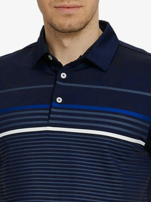 Front chest view of model wearing Chest Print Polo Shirts in Navy