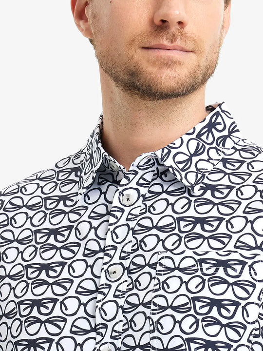 Front view from nose to chest wearing BLACK WHITE GLASSES Stylish Printing Summer Shirt.