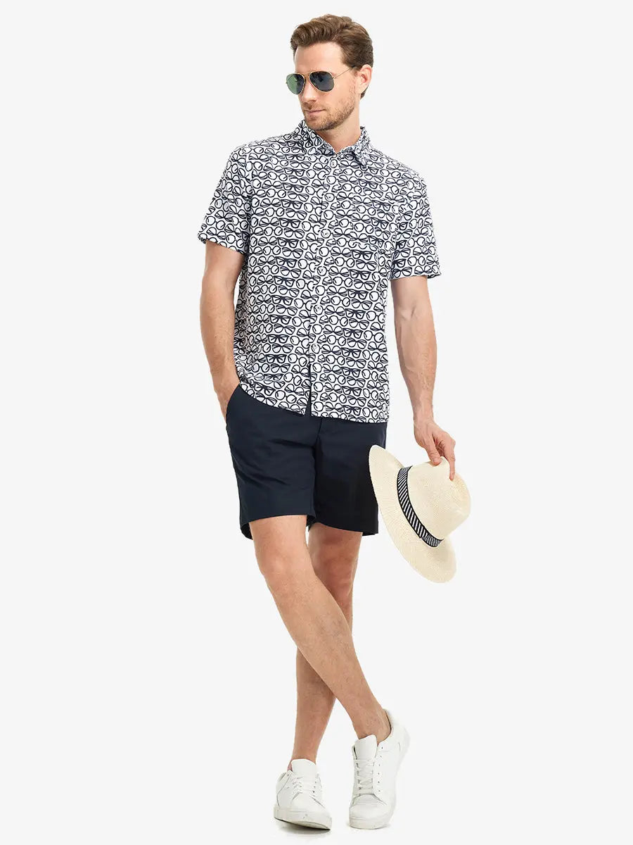 Full-body front view holding a takeaway drink cup, wearing BLACK WHITE GLASSES Stylish Printing Summer Shirt.