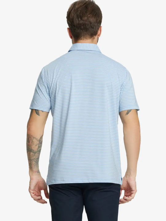 Back half-body shot of model showcasing the back of Sport Fit Stripe Polo in Blue Denim Stripe