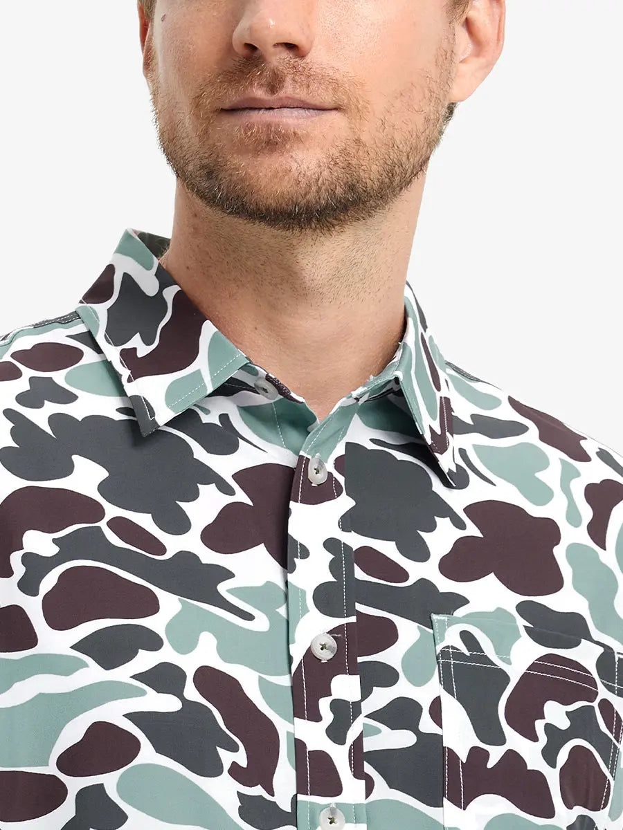 Front view from nose to chest wearing BROWN GREEN CAMO Stylish Printing Summer Shirt.