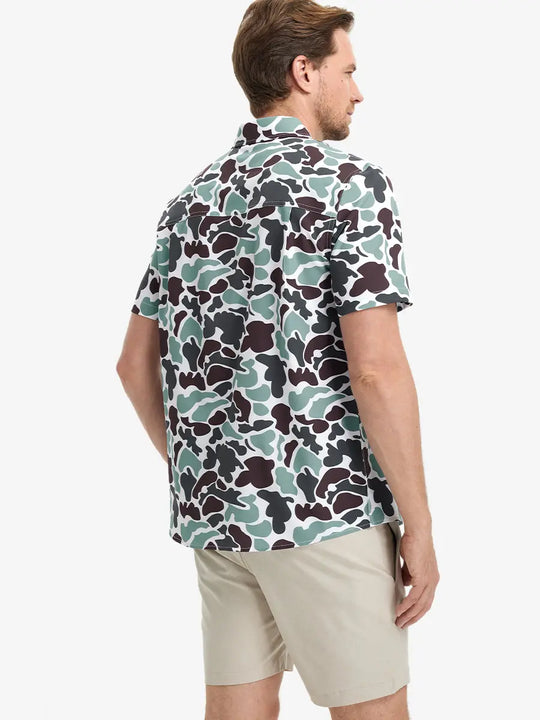 Back half-body view wearing BROWN GREEN CAMO Stylish Printing Summer Shirt.