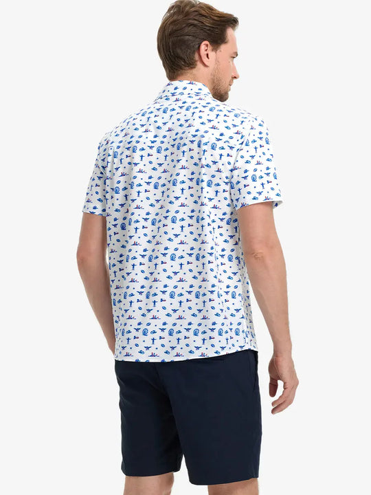 Back half-body view wearing DREAMY STARRY SKY Stylish Printing Summer Shirt.