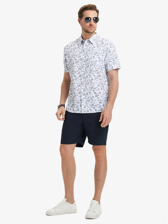 Full-body front view holding a takeaway drink cup, wearing GREY CAMO Stylish Printing Summer Shirt.