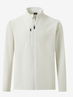 3D front view of textured insulated winter jacket showing insulated layers and sleek design, beige.