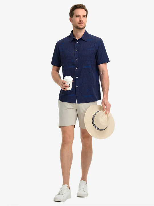 Full-body front view holding a takeaway drink cup, wearing NAVY COMPASS MAP Stylish Printing Summer Shirt.