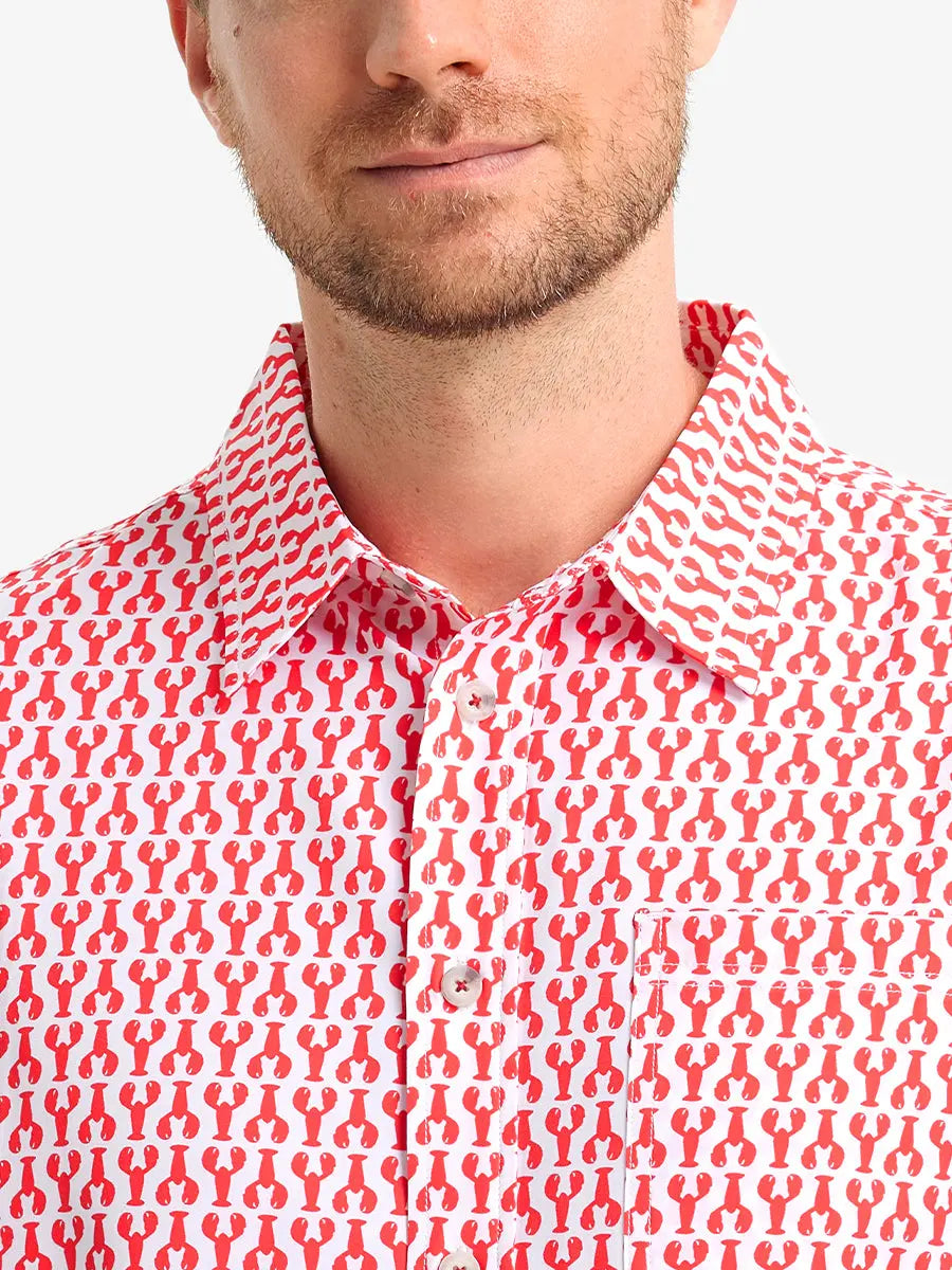 Front view from nose to chest wearing RED LOBSTER Stylish Printing Summer Shirt.