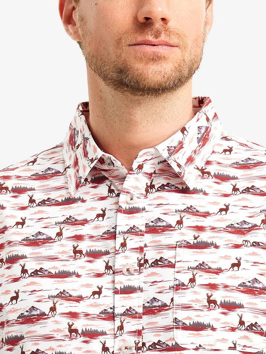 Front view from nose to chest wearing SUNSET ELK Stylish Printing Summer Shirt.