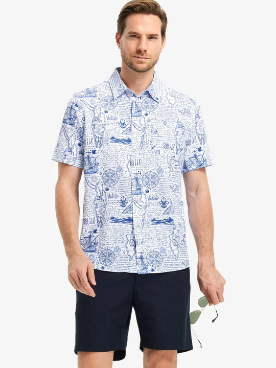 Front half-body view wearing WHITE COMPASS MAP Stylish Printing Summer Shirt.